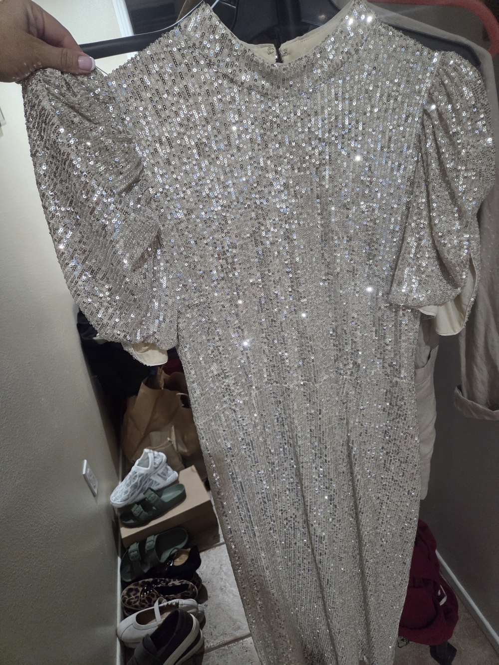 H&M Champagne Sequin Midi Dress with Puff Sleeves